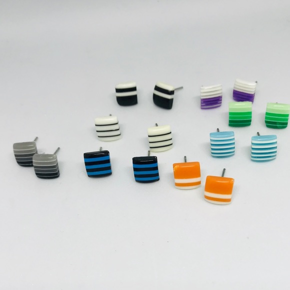 Green Striped Minimalist Repurposed Stud Earrings - Picture 10 of 16